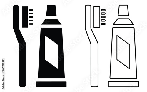 Black and white toothbrush and toothpaste simple representation dental hygiene clean