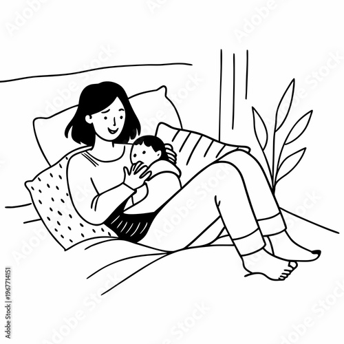 Gentle mother focuses on nursing her infant baby while resting comfortably on soft pillows in a quiet room at home.