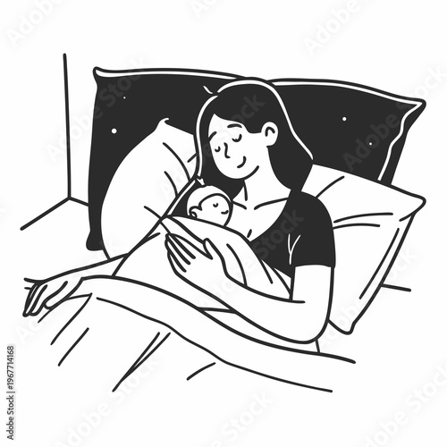Gentle mother focuses on nursing her infant baby while resting comfortably on soft pillows in a quiet room at home.