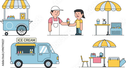 Ice Cream Street Vendor and Cart Scene Illustration Set with Food Truck, Seller, Customer and Outdoor Shop Elements Flat Vector Collection
