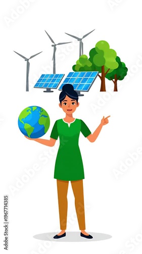Woman Holding Earth With Wind Turbines Solar Panels And Trees