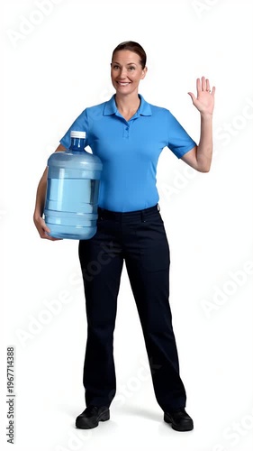 Woman in Blue Polo Shirt Carries Water Bottle White Background