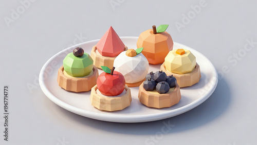 Low Poly Stylized Fruit Pastries on a White Platter
