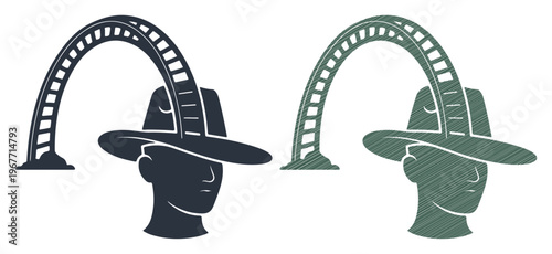 Abstract concept of imagination and creativity visualized as a roller coaster through a head silhouette.