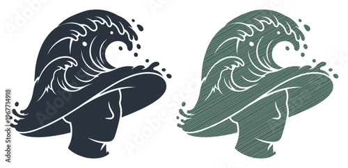 Stylized profile silhouette of a head with a crashing wave instead of hair, symbolizing powerful thoughts or imagination.