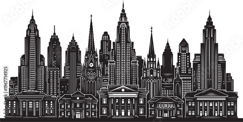 Black and white city skyline with tall buildings illustration