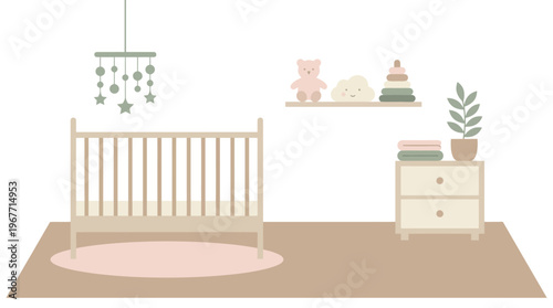 Nursery room with crib and furniture. Vector Illustrations. EPS Editable
