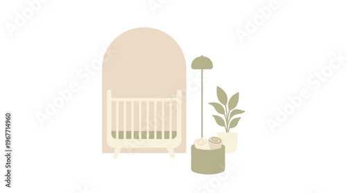 Nursery room with crib and plant. Vector Illustrations. EPS Editable