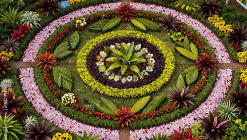 Top View of Lush Symmetrical Botanical Garden with Tropical Flora