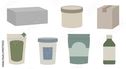 Packaging containers and bottles displayed. Vector Illustrations. EPS Editable