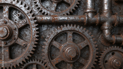 Abstract Industrial Background with Rusted Metallic Gears and Pipes