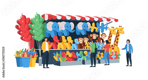 People buying colorful stuffed animals. Vector Illustrations. EPS Editable