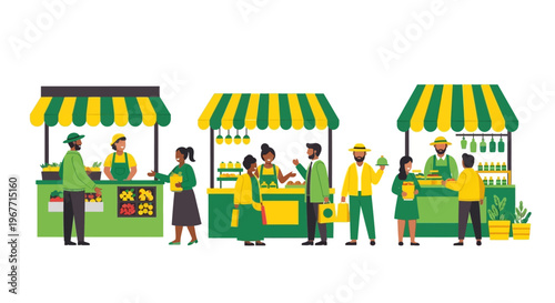 People buying food from vendors. Vector Illustrations. EPS Editable