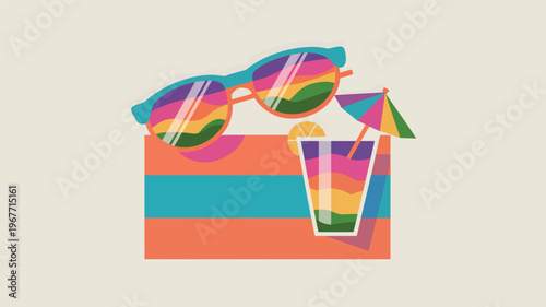 Colorful abstract beach scene with sunglasses, a cocktail, and a beach towel umbrella, orange