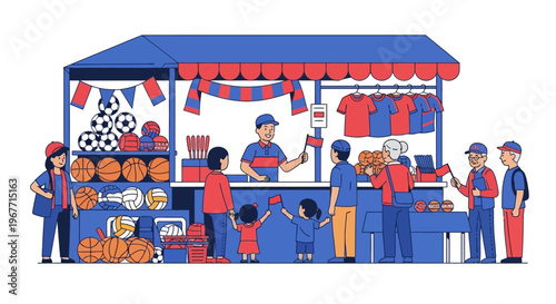 People buying food at a stand. Vector Illustrations. EPS Editable