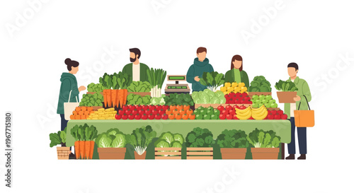 People buying fresh colorful vegetable produce. Vector Illustrations. EPS Editable