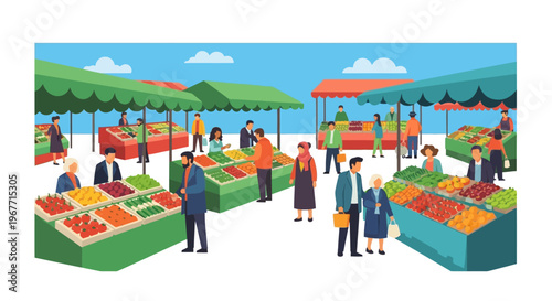 People shopping at outdoor fruit market. Vector Illustrations. EPS Editable