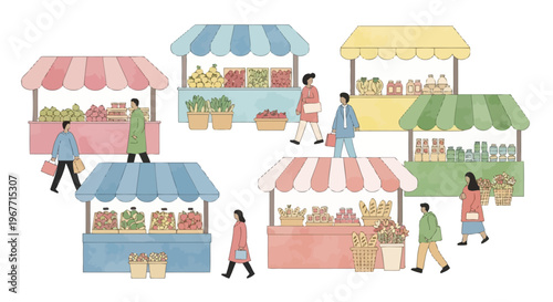 People Shopping at Outdoor Market Stalls 1. Vector Illustrations. EPS Editable