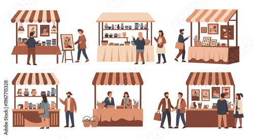 People shopping at outdoor market stalls 3. Vector Illustrations. EPS Editable