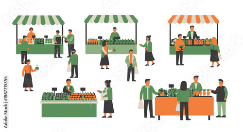 People shopping at outdoor market stalls. Vector Illustrations. EPS Editable