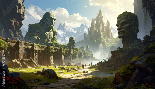 Ancient statues and scenic landscape