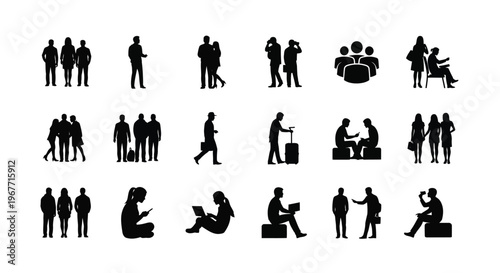 Collection of black silhouettes depicting various human poses and interactions on white background for design use