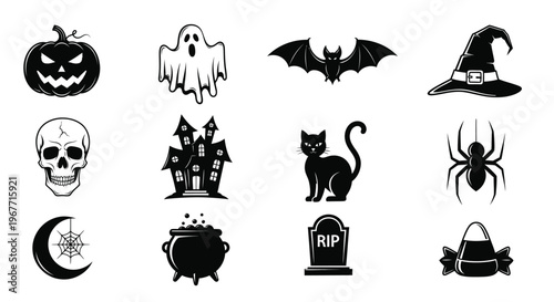 Halloween icons set including pumpkin ghost bat witch hat skull haunted house cat spider and tombstone on white background for spooky decorations and designs