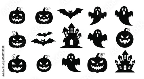 Halloween icons set including black silhouettes of jack o lanterns ghosts bats and haunted houses on white background for party decorations and spooky designs