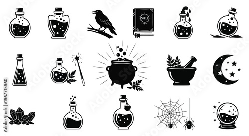 Collection of witchcraft symbols and potions in black and white magic and spell elements