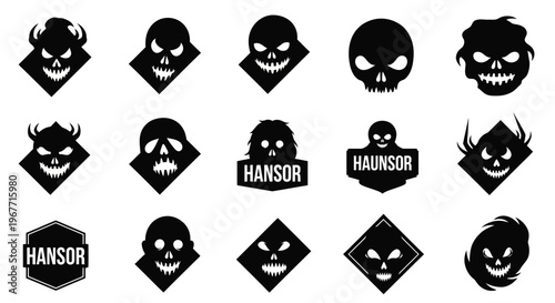 Collection of black skull and monster logos with sharp teeth on white background for design and branding
