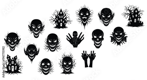 Collection of spooky black silhouettes of skulls hands and haunted houses for halloween or horror themes