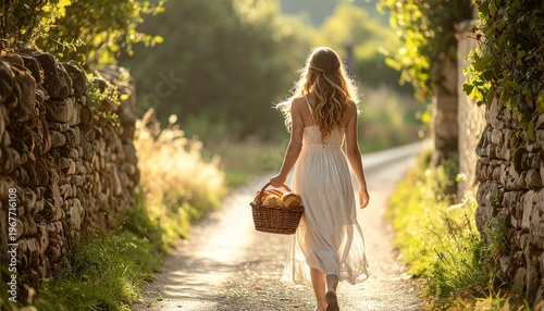 Young Woman Walking on a Sunlit Rural Path with a Basket.