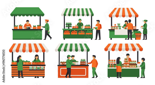 People working at food market stalls. Vector Illustrations. EPS Editable