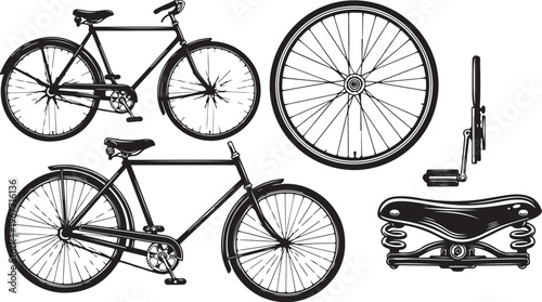 Bicycle parts and accessories illustration set in black and white