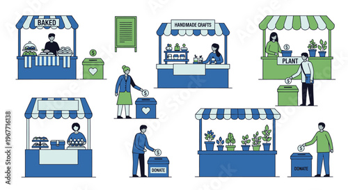 People working at outdoor food stalls. Vector Illustrations. EPS Editable