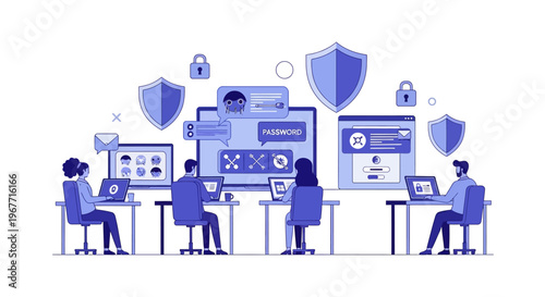 People working on computers with security. Vector Illustrations. EPS Editable