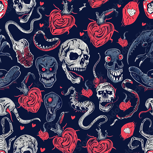 Pattern of Skulls and Snakes in Dark Design.