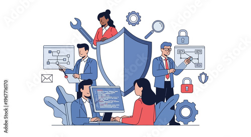 People working with security shield. Vector Illustrations. EPS Editable