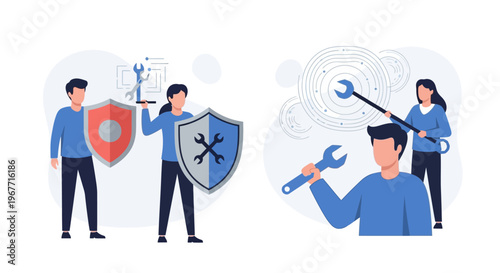 People working with security tools. Vector Illustrations. EPS Editable