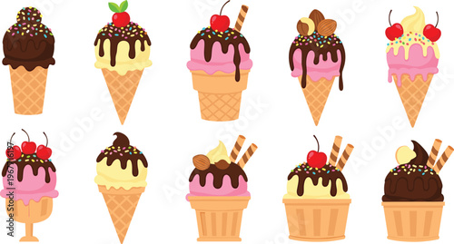 Ice Cream Cone Dessert Collection with Chocolate Topping, Cherry, Nuts and Wafer Sticks Sweet Treat Flat Vector Set Isolated on White Background