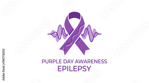 Purple Day Awareness Epilepsy Ribbon with Brainwave Graphic. Vector Illustrations. EPS Editable