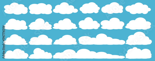 set of vector illustrations of clumpy clouds, cloud bubbles in flat style on a blue background	
