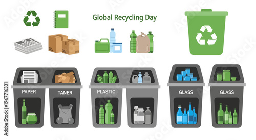 Recycling bins for different materials sorted. Vector Illustrations. EPS Editable