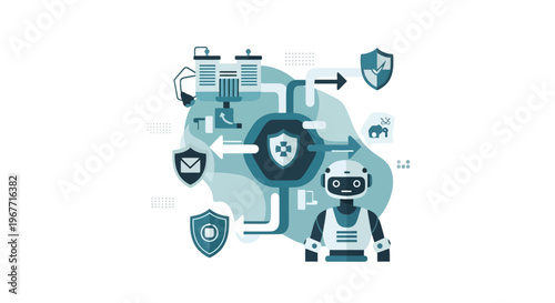 Robotic Security System with Data Protection and Network Flow. Vector Illustrations. EPS Editable