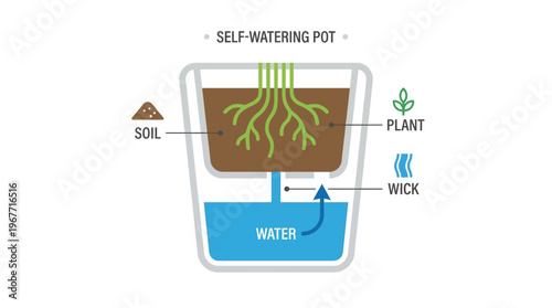 Self Watering Pot Plant System Diagram. Vector Illustrations. EPS Editable