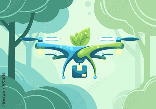 Blue and green drone with leaves on top flying amidst trees in a natural forest setting