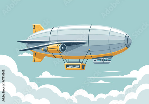 A vintage style dirigible airship flying above white clouds in a blue sky