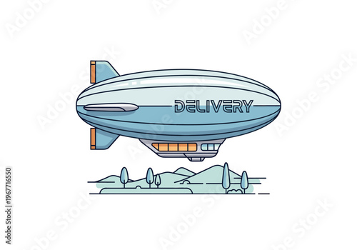 Blue delivery blimp flying over a green landscape with hills and trees