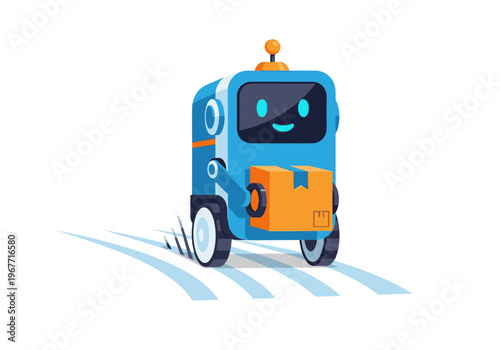 Blue delivery robot moving with a package, smart automation concept