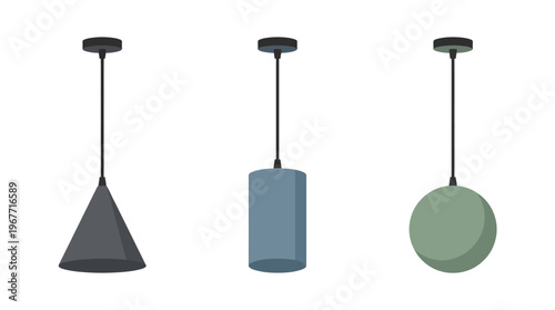 Set of Modern Pendant Lights with Different Shapes and Colors. Vector Illustrations. EPS Editable